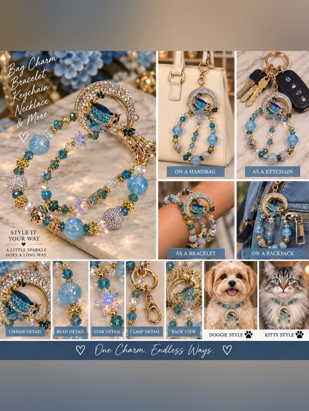 Hand Bag Charm Blue Crystal Star & Moon